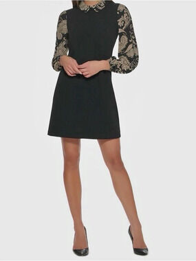 Tommy Hilfiger Paisley Collar Shift Dress Mini Black & Beige Medium